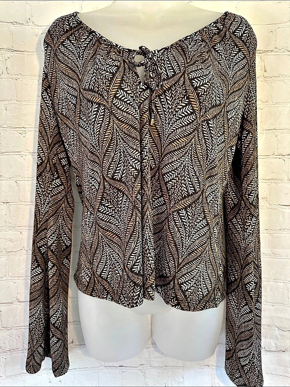 Michael Michael Kors Leaf Print Tie Elastic Neck Blouse Brown Size Medium NWT